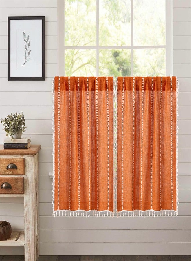RoomTalks Fall Color Boho Farmhouse Kitchen Curtains 36 Inch Length French Striped Modern Vintage Chic Textured Orange Autumn Short Cafe Curtains for Small Window Kitchen Bathroom - Image 1